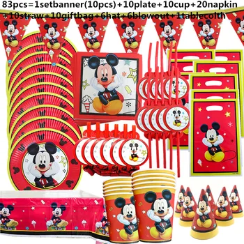  1 Compl. Crvena Mickey Mouse Tema Jednokratne Papirnate Čaše Tanjuri Fleksibilne Slamke Dječji Tuš Baby Maramice za ukras na Rođendan