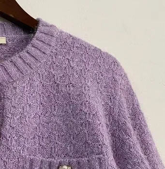  2021 Proljetni ženski pletene džemper biser tipke, O-izrez, milo džepovima sa dugim rukavima, ženski ljubičasta pletene kardigan, vrhovima