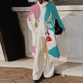  2021 Zimska moda Portret Ispis Rever Kaputa Za žene Elegantan Dugi kardigan odjeća Svakodnevno dugi rukav Dama Mješavina vuneni kaput
