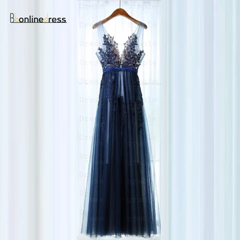  Bbonlinedress Modni Plave čipke i Tunike Duga Haljina Za Prom Haljina Transparentno Izvlačenja Večernjim večernja haljina Robe De Soiree