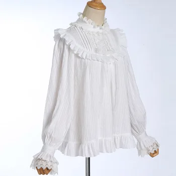  Bijela pamučna prugasta водолазка sa volanima, rukav-lanterna, gotička bluza u stilu Лолиты, Steampunk, Victorian top, Vintage odjeća za žene
