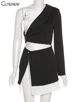  Cutenew Jesen moda Kompleti iz dva predmeta Ženska odjeća Seksi top na jedno rame u stilu patchwork+Suknje s prorezom u ton Dama Svakodnevni ulični odijevanje