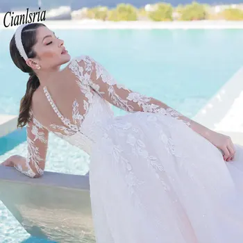  Elegantne vjenčanice trapeznog oblika s V-izrez i dugih rukava s cvjetnim čipkastim aplikacije, proziran straga, Plaža vjenčanica