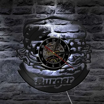  Hamburger Zidni Sat Fast Food Vinil ploča Zidni Satovi Moderni Dizajn Uređenje Trgovine Burgeri 3D Led Žarulja Poklon za otvaranje Nove Trgovine klok