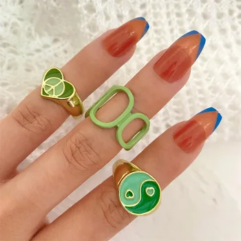  HR 2021 Y2K Stil Šarene Zeleni Prsten od Smole u obliku srca Set za žene Moda Zlatna Boja Ulje Prsten Ljubavi Veleprodaja Nakita Darove Boho