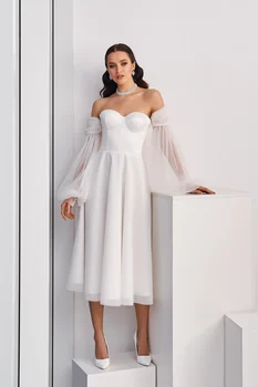  Jednostavno тюлевое kratku vjenčanicu s otvorenim ramenima 2021, Raskošnom vjenčanicu sa dugim rukavima, Elegantna vjenčanica dužine do čaja
