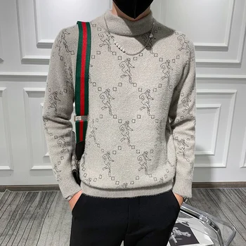  Korejski Stil Moda Pismo Džemper Muški Pulover Džemper Povući Homme Jesenske Klupske Odjeću Džemper Za muškarce pletene Džemper sa simuliranim vrat