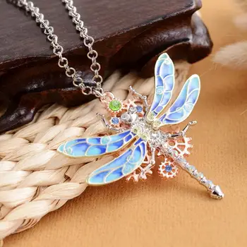  Lijepa Vrtloženje Plava Epoksidna Dragonfly s finim kristalima i zupčanicima DIY Modni donje ogrlica u steampunk stilu