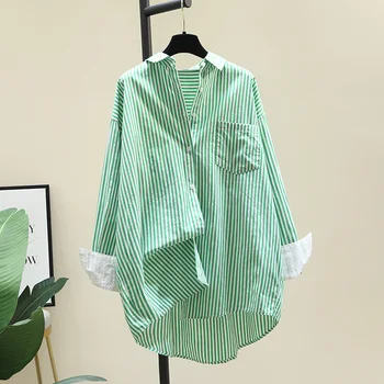  SuperAen Srednje dužine Zelene prugaste majice s odbačenost ovratnik Jesen 2021 Nove besplatne Tanka jakna Trendy ženske majice