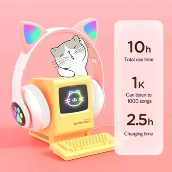  Svjetlo bljeskalice Bežične Slušalice s mikrofonom Bluetooth 5.0 Slatka Mačka Uši Slušalice Bas Buke RGB Slušalice Podržava TF Kartice