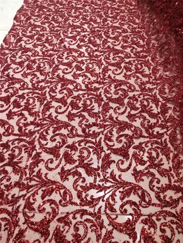  Tamno crvena H-1951112 afrički tila mrežaste tkanine sjajna lijepe sjajne šljokice cvjetne čipke tkanina za večernja haljina