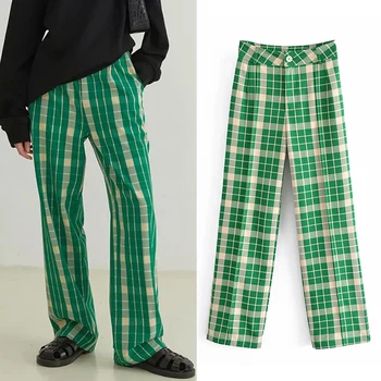  TRAF Za Zelene provjeriti hlače za žene s visokim strukom, Široke hlače, Jesenski ulica odjeća Harajuku, široke hlače, ženske Berba hlače