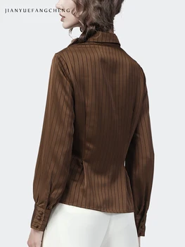  Vintage satin košulje na pruge Brwon, ženska bluza dugih rukava i odbačenost ovratnik, Top 2021, Jesenje Novi Elegantne košulje s tankim strukom