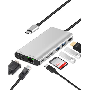  Višenamjenski priključne stanice Type-C s karticom USB3.0x2/SDx1+HDMI-kompatibilnu VGA+3,5+RJ45+port Type-c(PD)