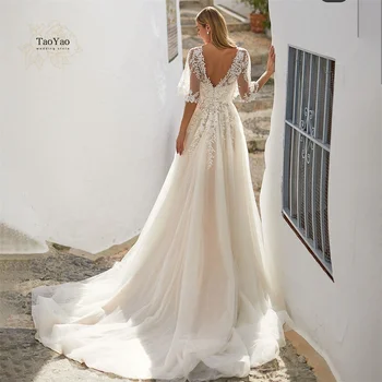  Vjenčanice s V-neck za žene s čipkastim aplikacije Elegantan svadbeni haljina s otvorenim leđima od tila A Line vjenčanicu Vestidos De Novia