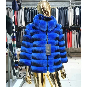  Zimska moda jakna od krzna zeca Rex iz odbačenost ovratnik Funky Kraljevska plava Prirodna jakna od krzna zeca Rex Ženska gornja odjeća