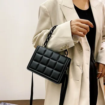  Ženska Vintage pokrivač monotono torba preko ramena preko ramena, Svakodnevni Debeli lanac, mali kvadratni torbicu s ventilom, torbe
