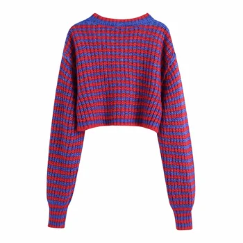  Ženski Casual crveno-plavi skraćene pletene pulover 2021 Jesenski modni Ženski džemper dugih rukava i okruglog izreza Ženske soft kratke veste